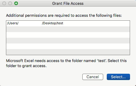 Excel for Mac lỗi Grant File Access